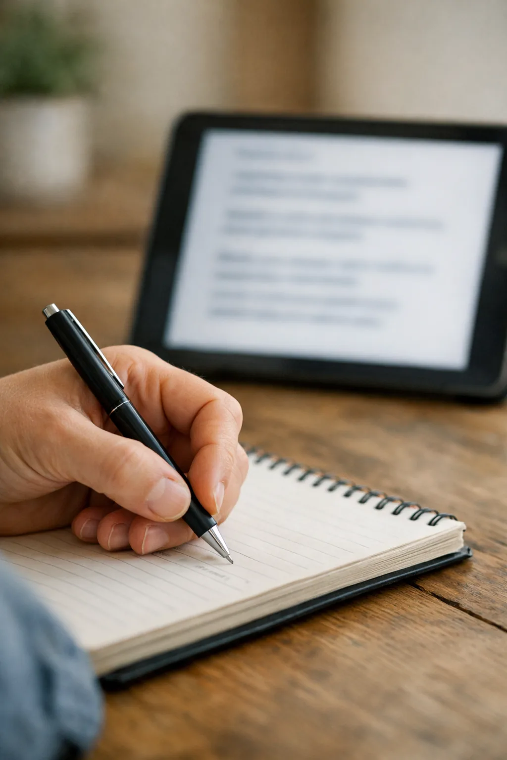 Hand schreibt Notizen neben einem Tablet mit Checkliste