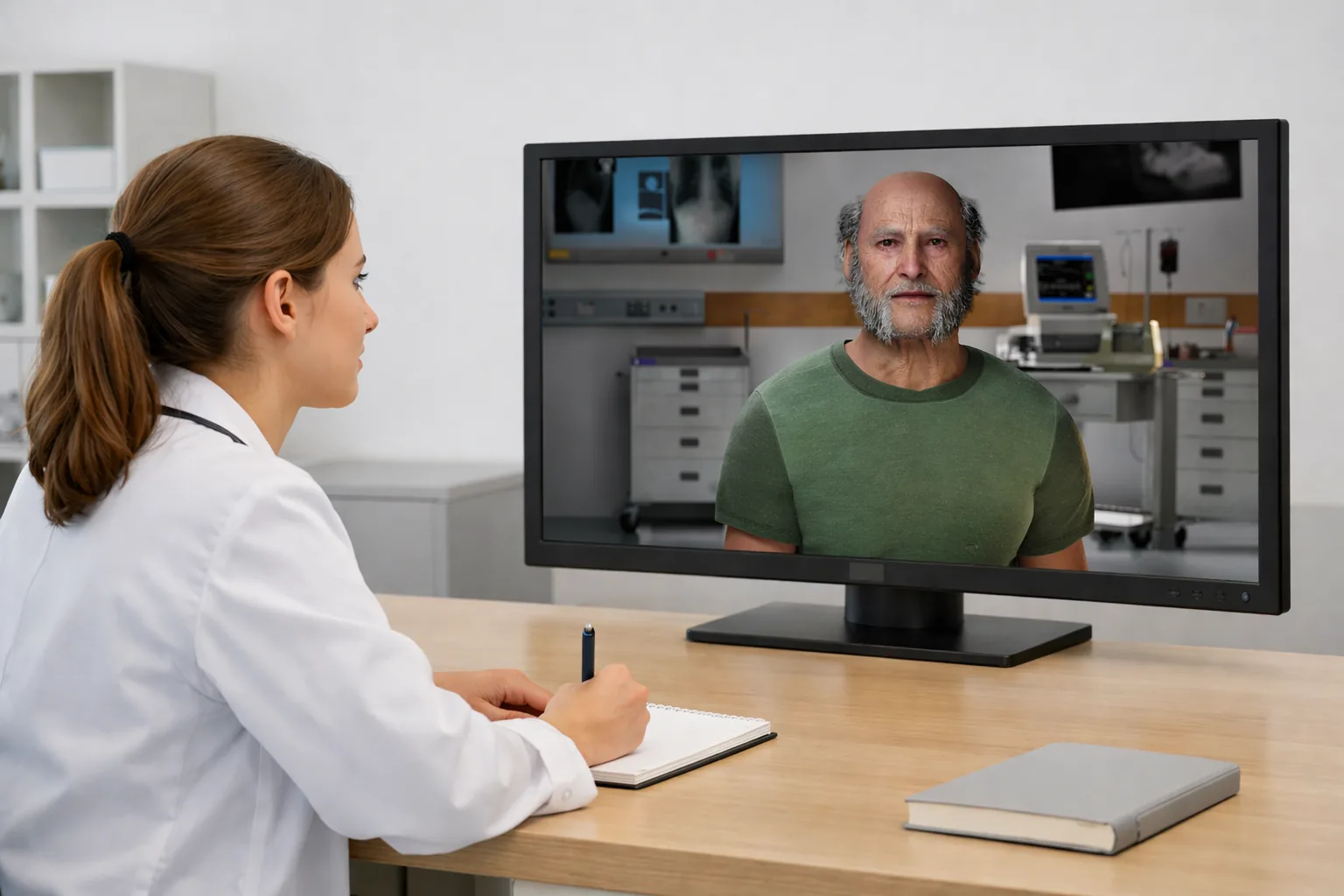 Ärztin im Gespräch mit einem digitalen Patienten am Bildschirm