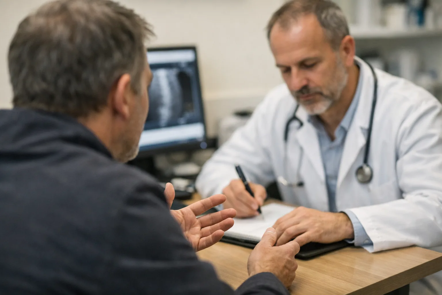 Arzt notiert während eines Patientengesprächs